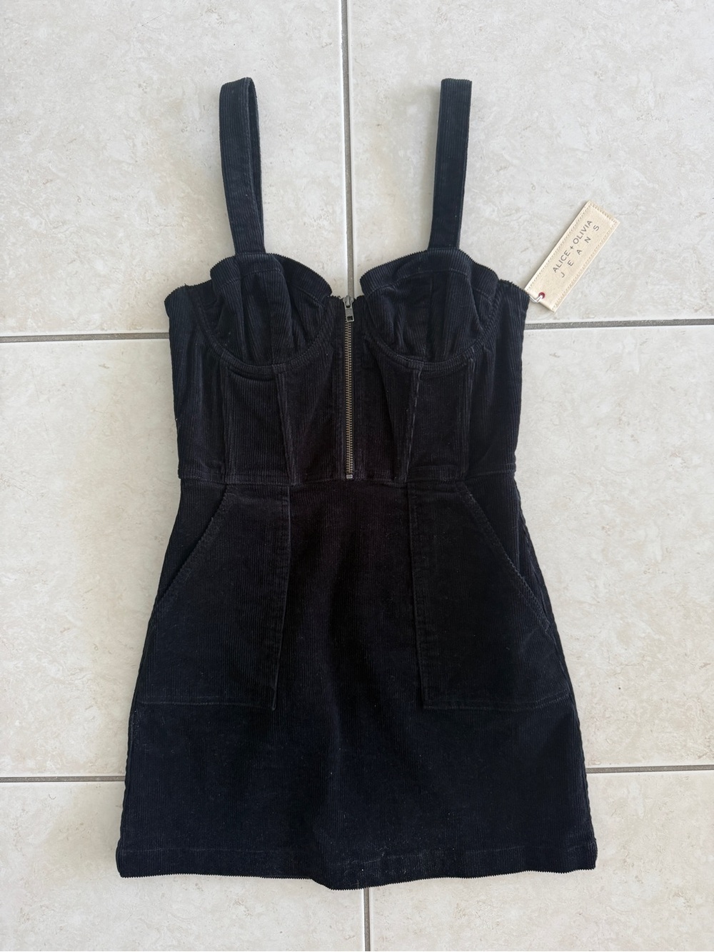 Alice + Olivia Black Corduroy Zipper Mini Dress
